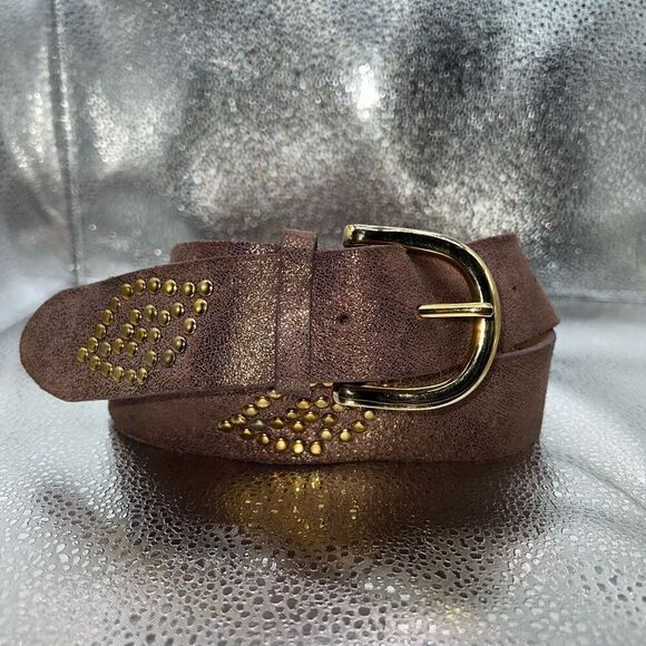 Vintage Betsey Johnson 90's Metallic Leather Studded Belt Medium Pink Gold Tone - Picture 1 of 7